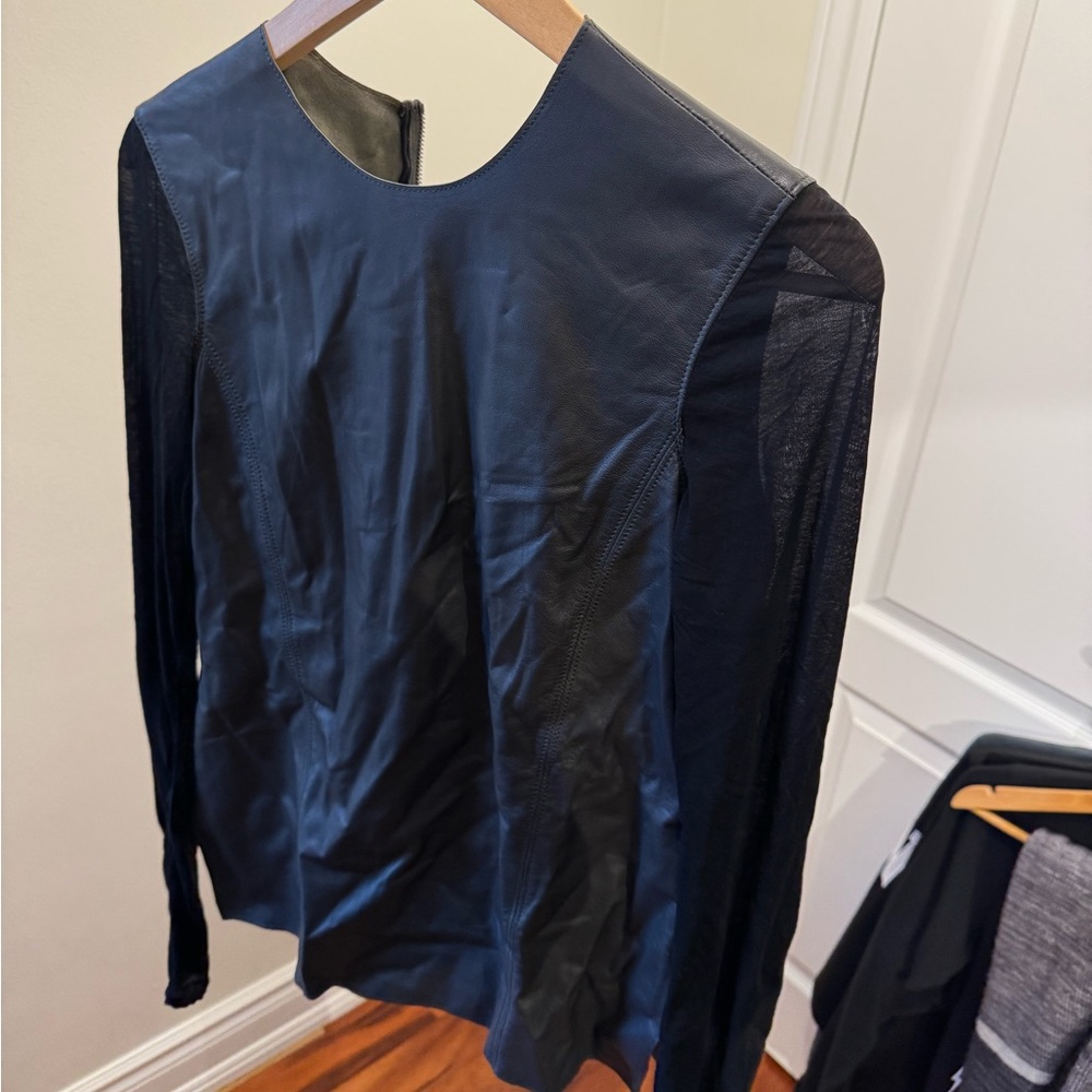 Helmut lang. leather body shirt with sheer sleeves. Great condition.